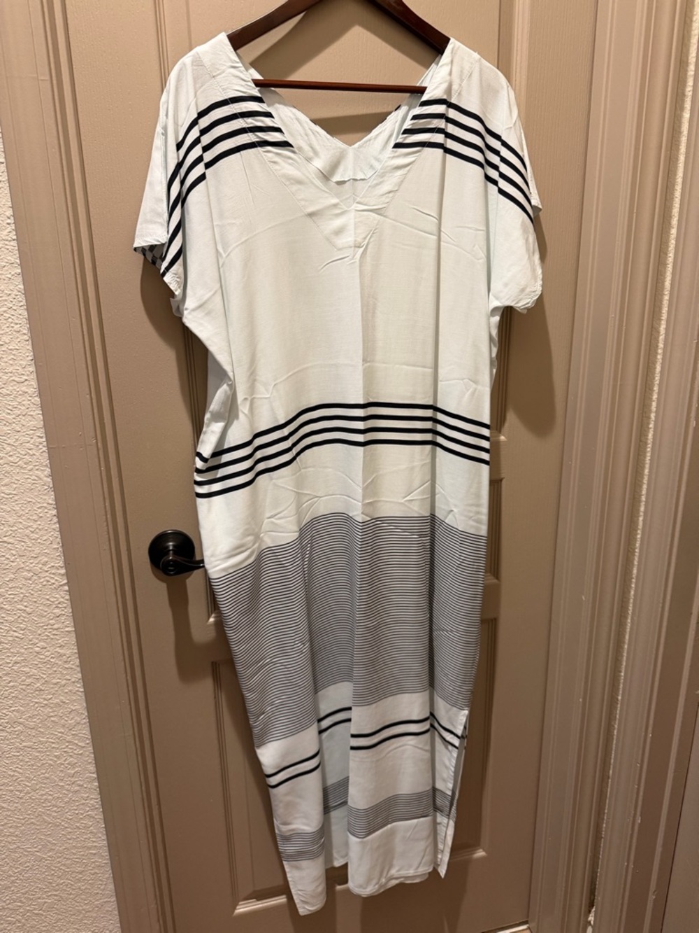 Striped V-Neck Maxi Dress - White with Black Stripes